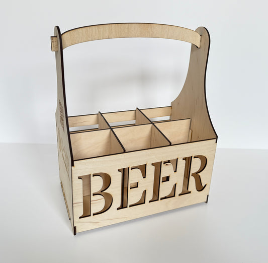 Дървена кошница за бира – 6 бутилки с надпис "BEER"