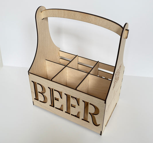 Дървена кошница за бира – 6 бутилки с надпис "BEER"
