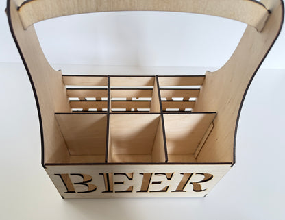 Дървена кошница за бира – 6 бутилки с надпис "BEER"